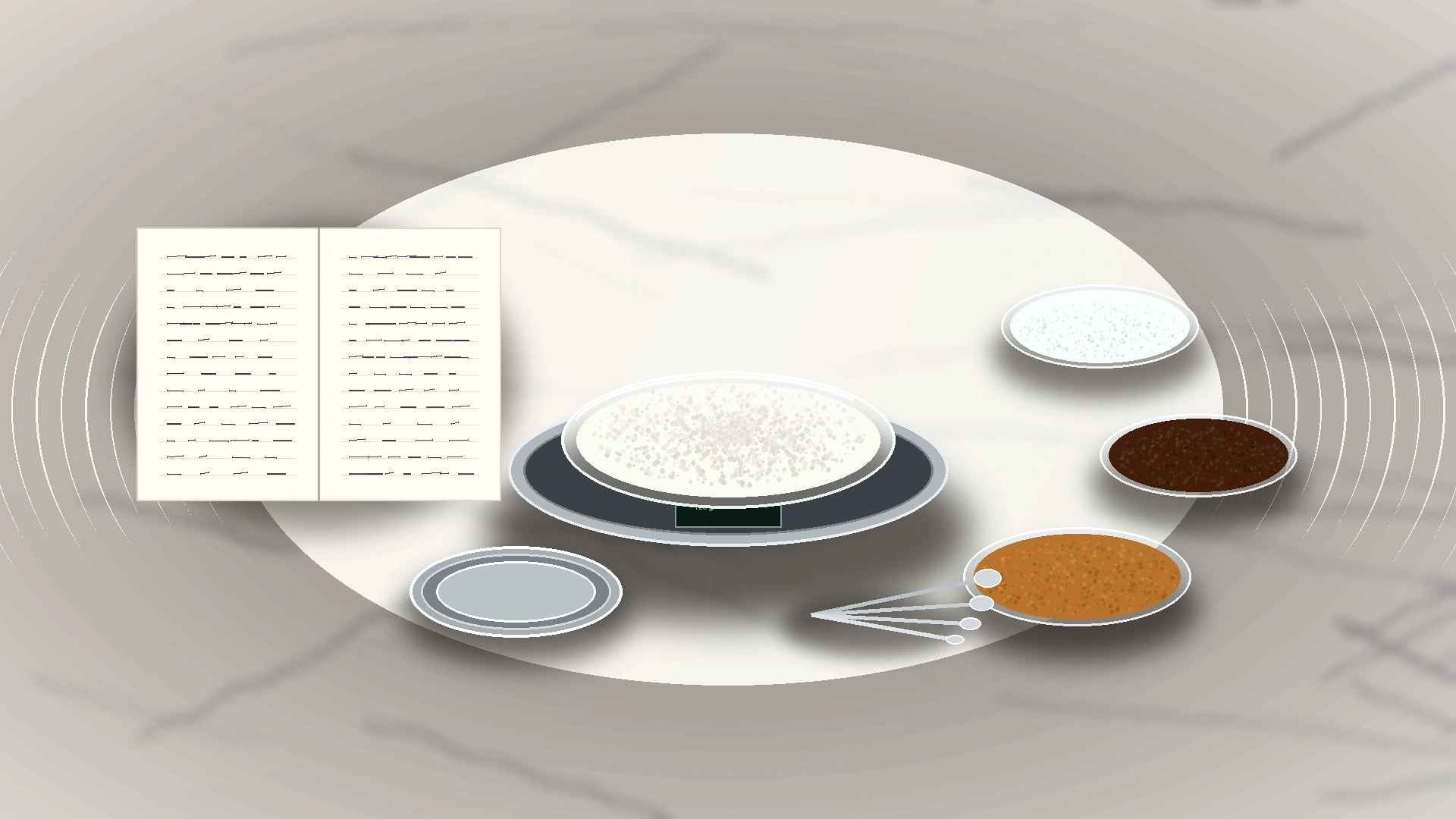 Modern American baking workspace with digital kitchen scale, measuring cups, prep bowls of flour and sugar, and handwritten conversion notes on a countertop