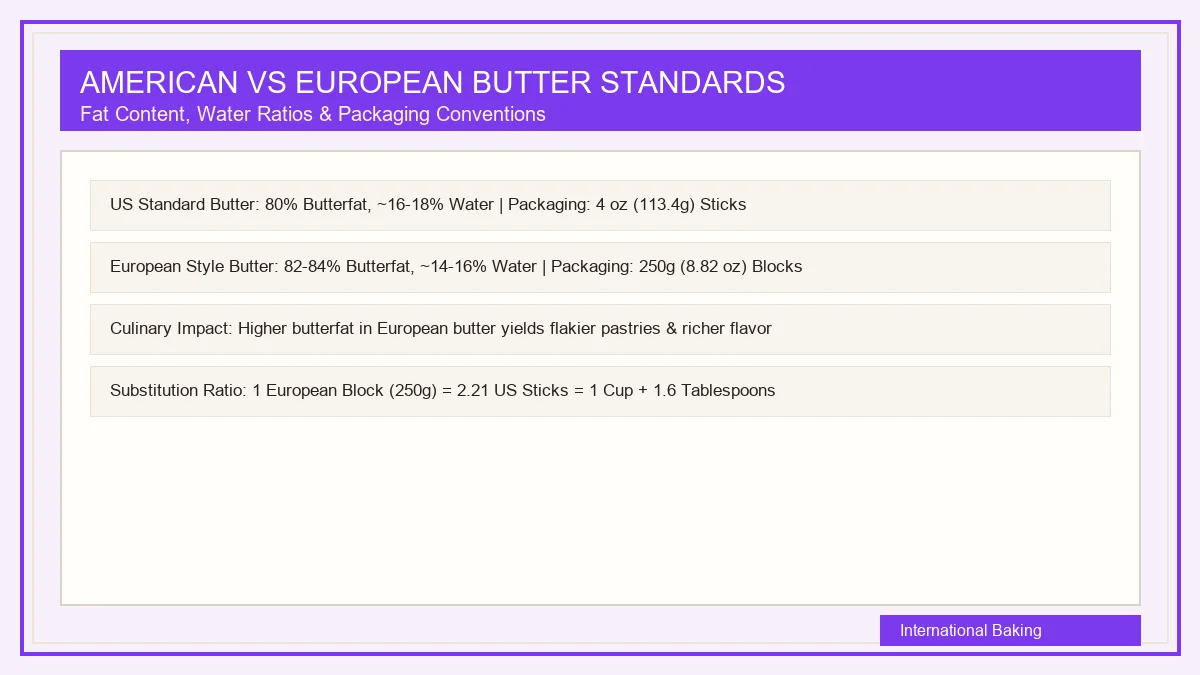 American 4 oz butter stick side by side with a 250g European butter block