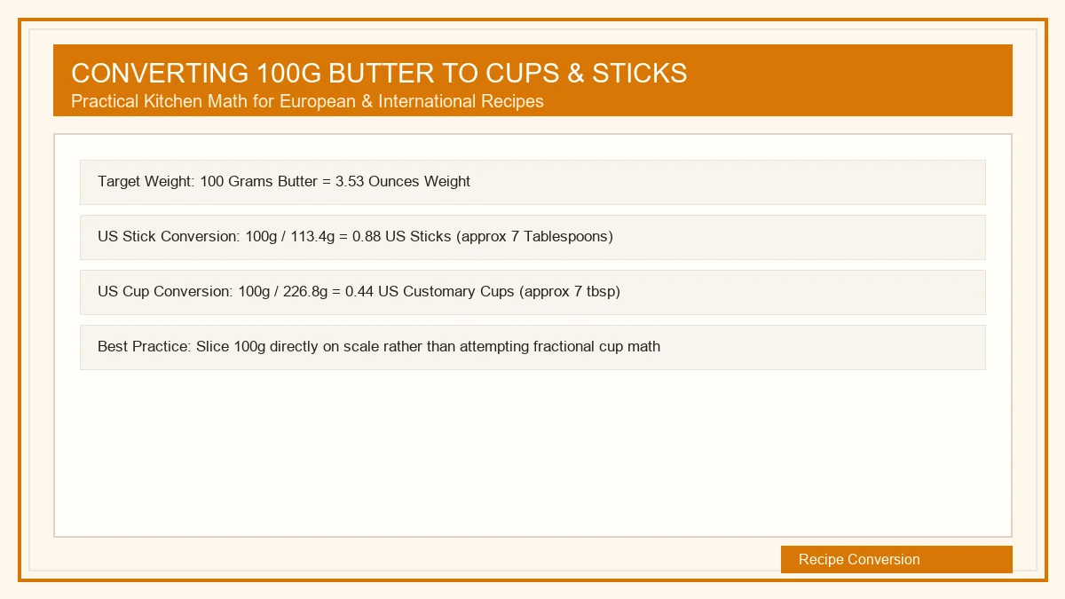 Baker converting 100 grams of butter into cups and US sticks on a scale