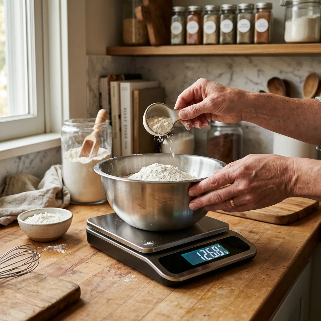 Modern digital kitchen scale weighing flour in a mixing bowl on a kitchen counter