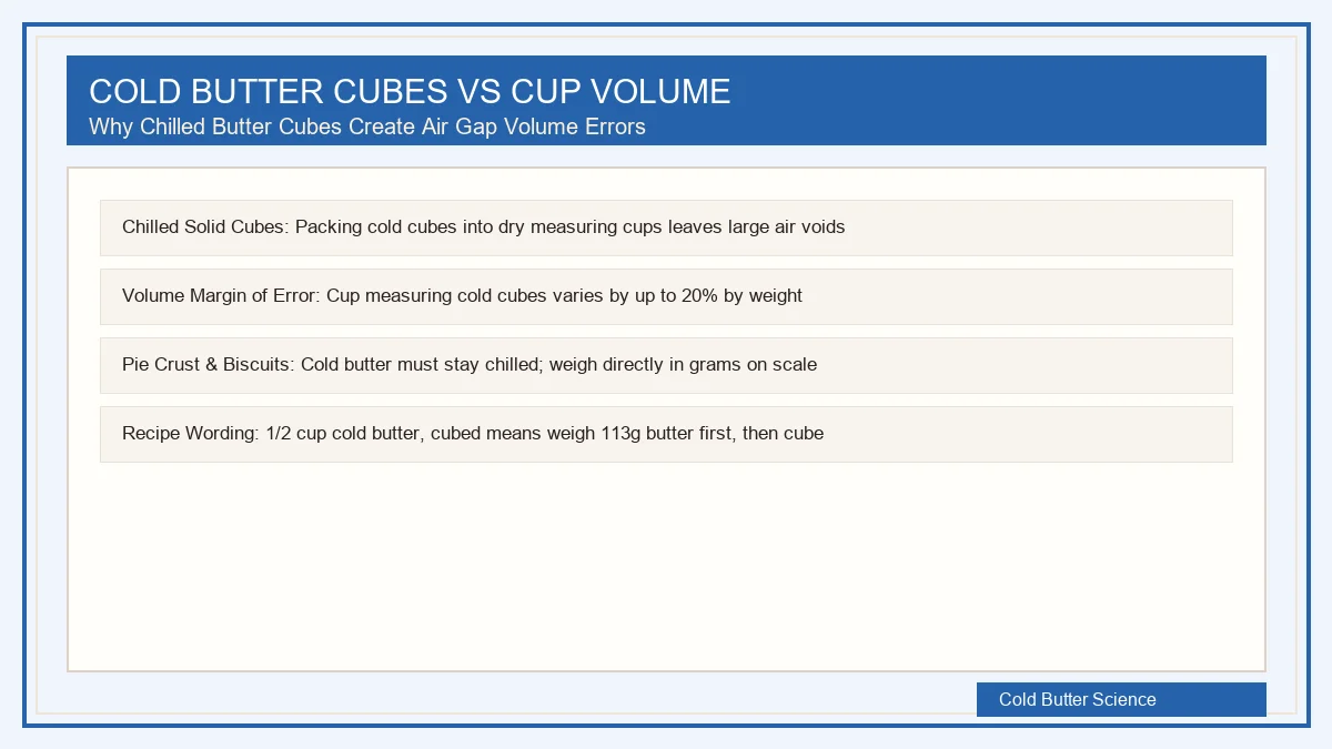 Chilled cold butter cubes beside a dry measuring cup illustrating air void gaps