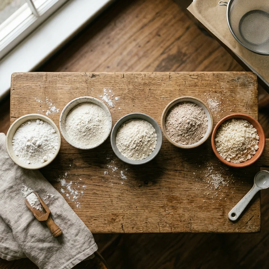 Ceramic bowls containing gluten-free flour blends including rice flour, tapioca starch, and xanthan gum