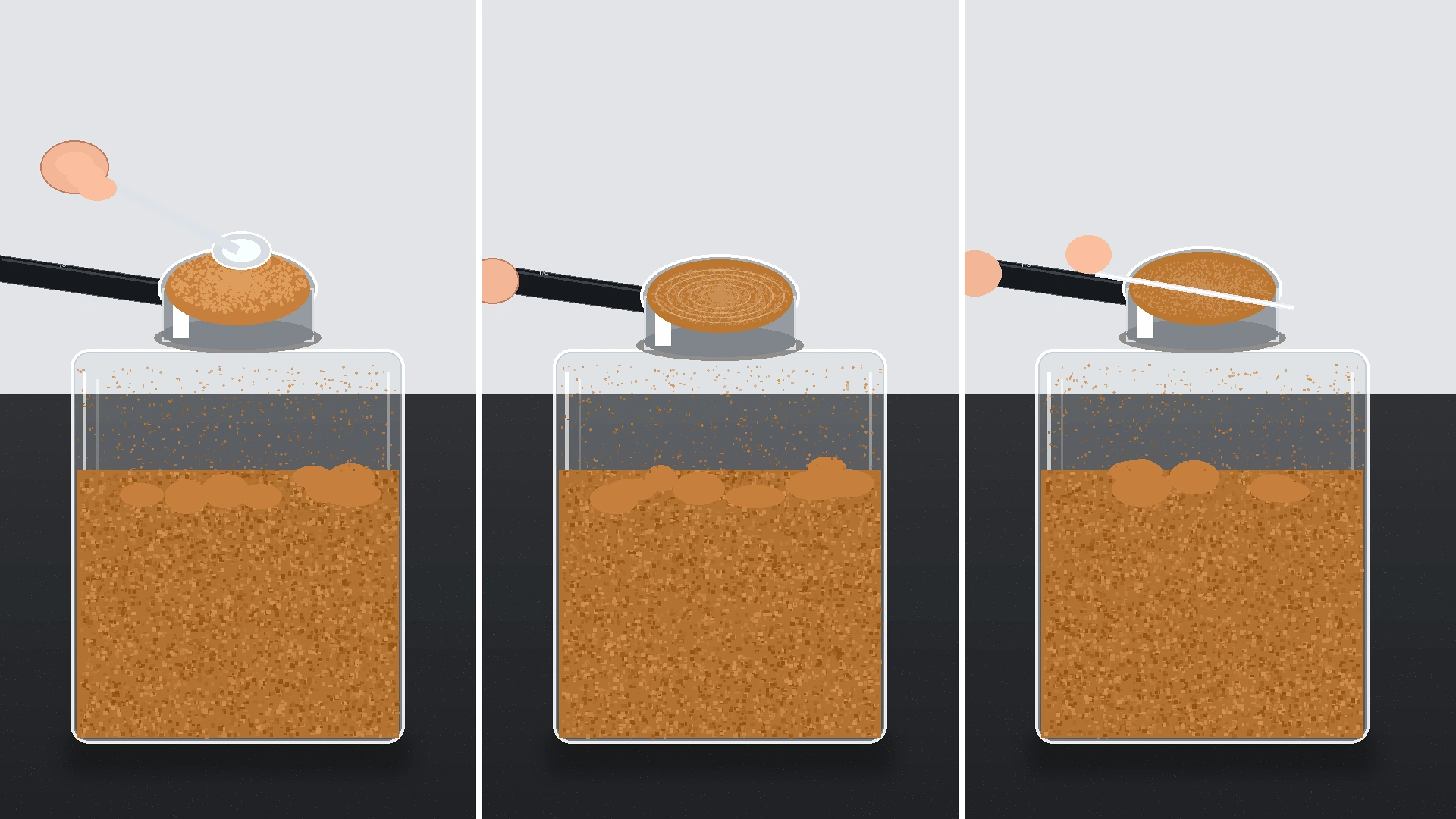 Three-panel photographic step-by-step guide showing brown sugar being scooped from a clear storage container, packed into a metal measuring cup with a black handle, and leveled with a butter knife