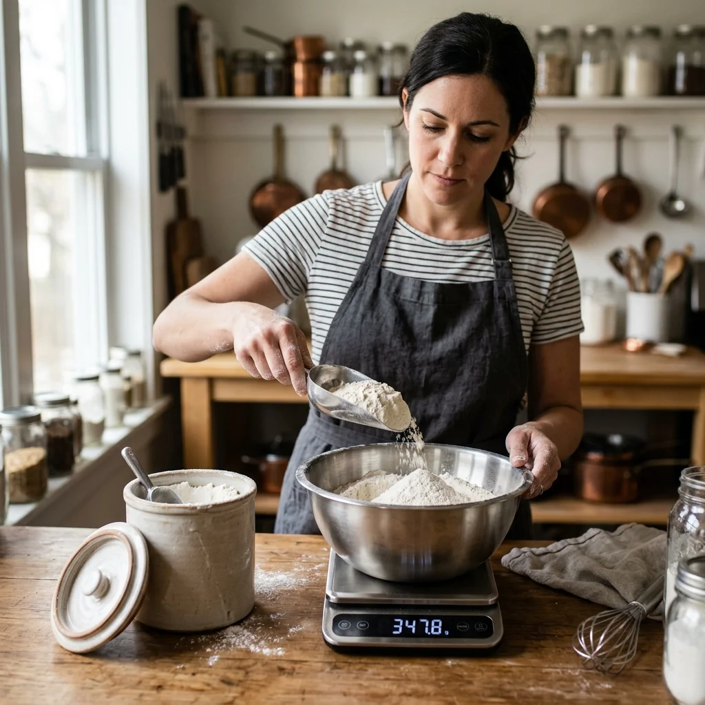 Home baker accurately measuring white all-purpose flour on a digital kitchen scale using spoon and level technique