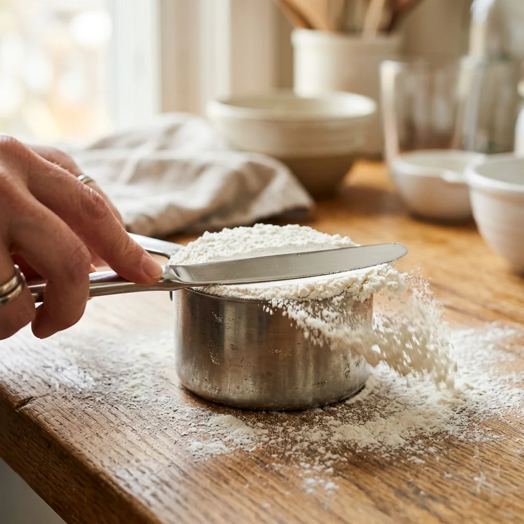 Leveling flour with a straight knife back for precise sourdough bread hydration balance