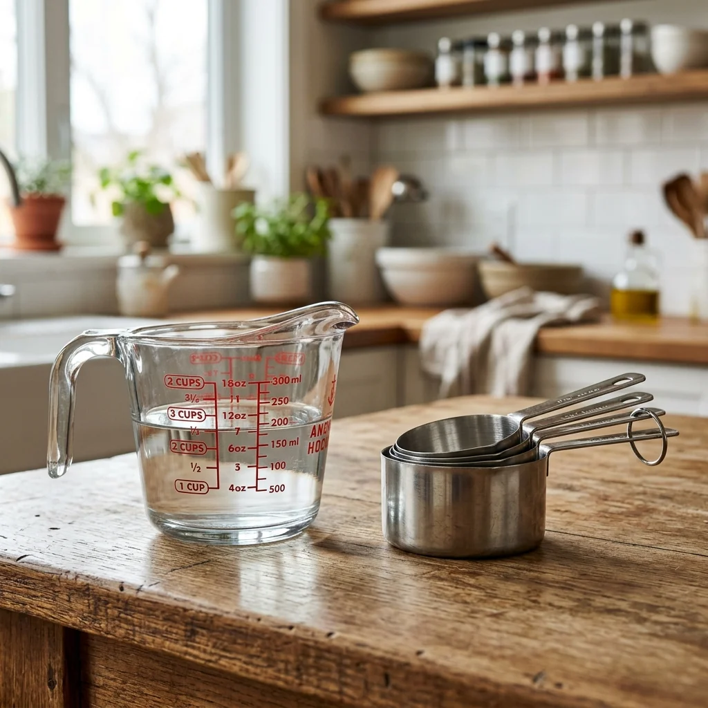 Historical glass liquid measuring cup alongside dry metal nesting cups