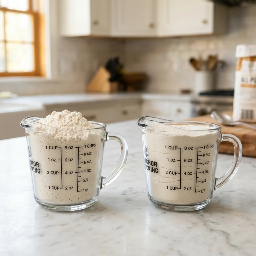 Visual density comparison showing spooned flour versus heavy packed scooped flour mistakes