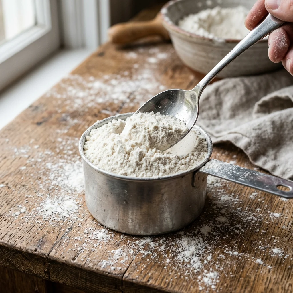 Spooning aerated flour into dry cup before weighing for artisan bread dough math