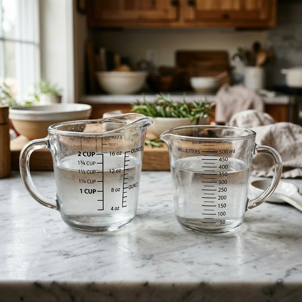 Clear measuring cups displaying volume markings alongside precision digital kitchen scale