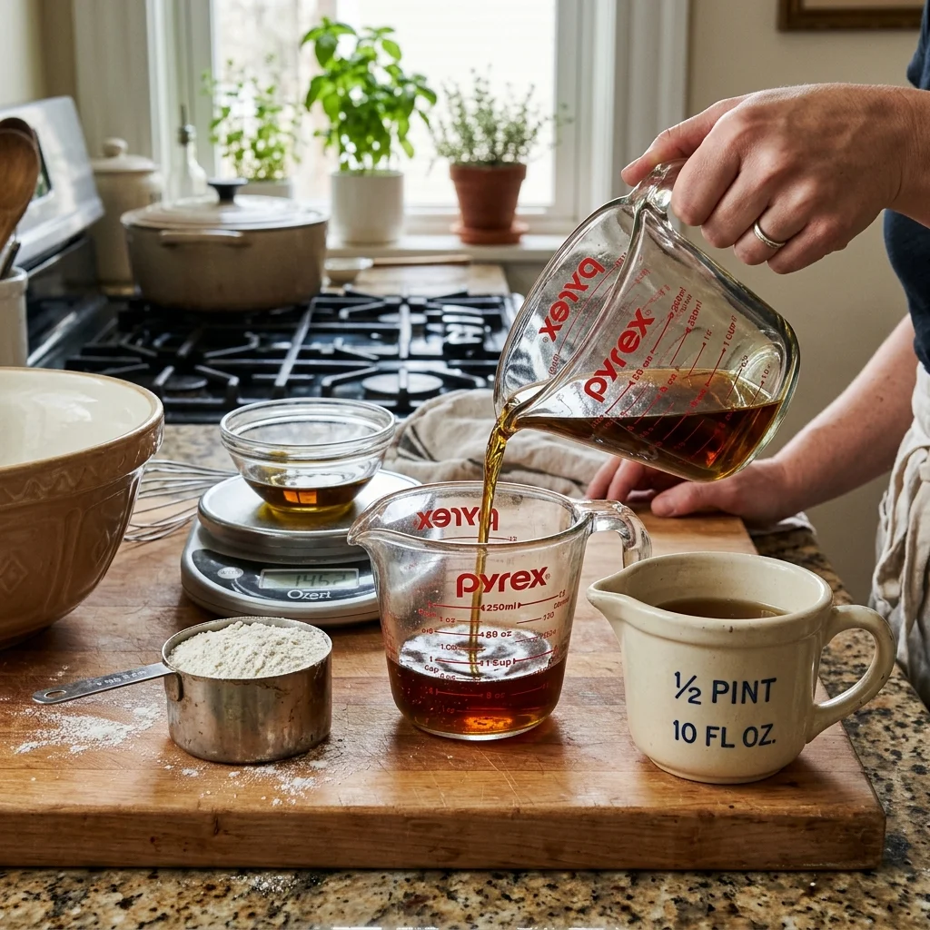Three distinct measuring cups and digital scale for US metric and Imperial cup comparison