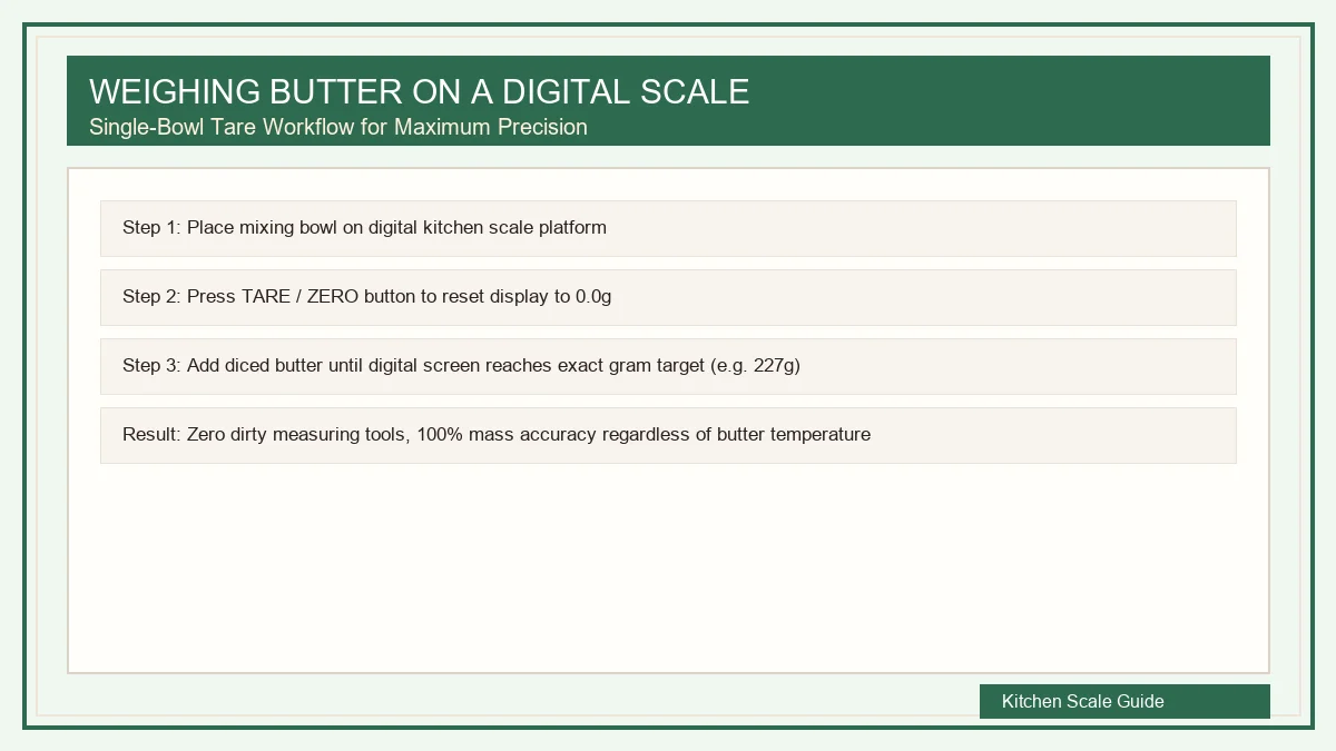 Digital kitchen scale displaying exact gram weight for butter measurement